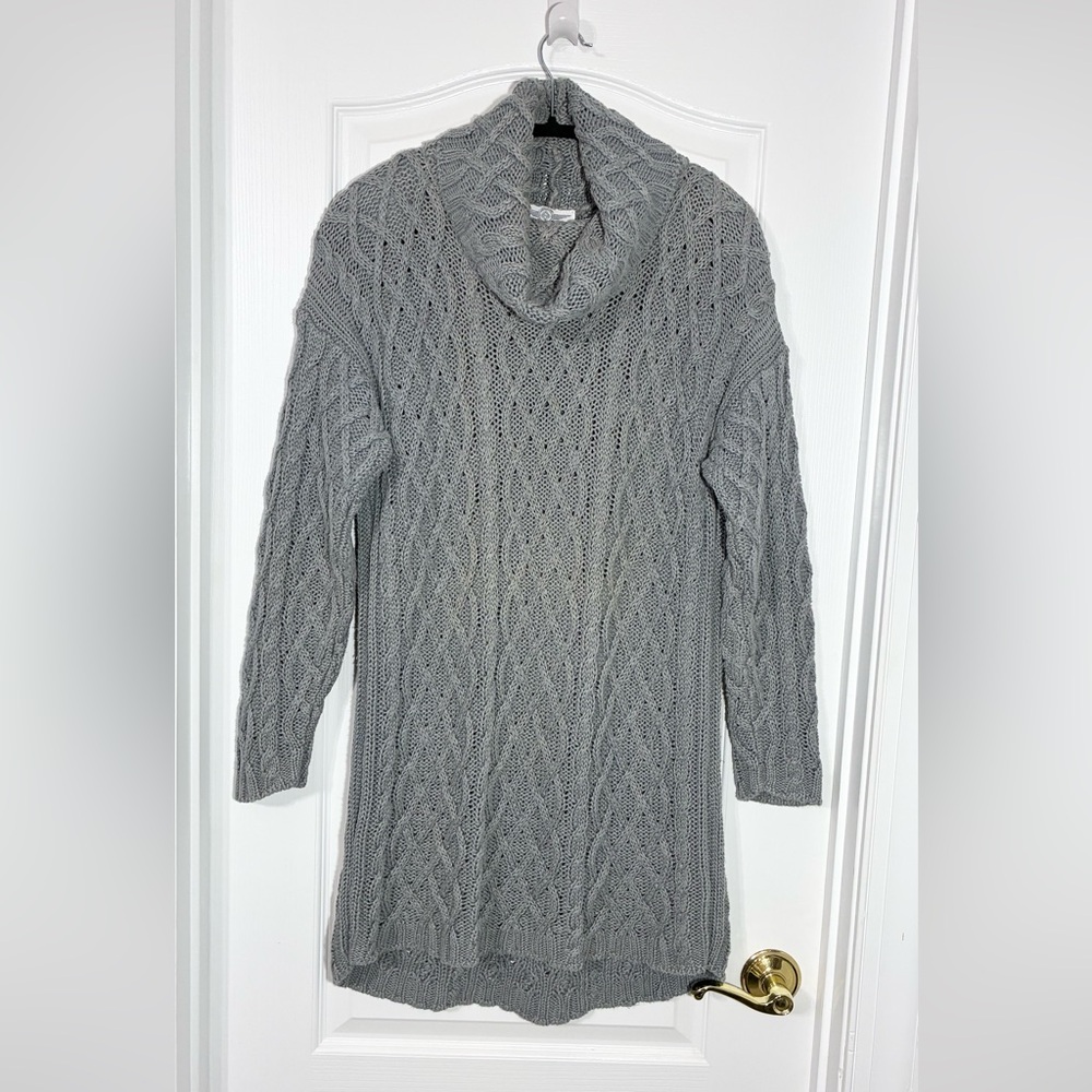 90s GSC HONG KONG Made Cable Knit Cowl Neck Long Sweater VTG Gray/Blue Medium